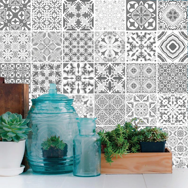 

Gray Arabi Pattern Floral Ornament Ceramic Tiles Wall Sticker Stair Kitchen Home Decor Wall Decals for Kitchen Furniture PVC