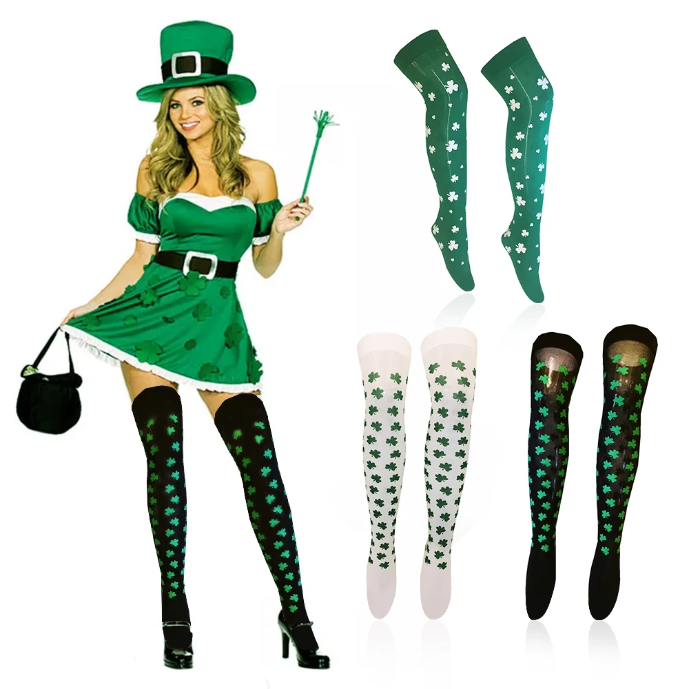 

3 Pairs St. Patrick's Day Socks For Women Shamrock Over The Knee Socks Irish Party White Green Stripes Stockings