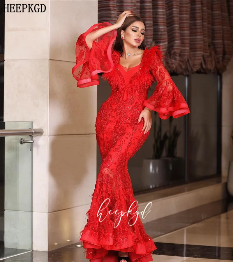 

Luxury Red Mermaid Evening Dress Dubai 2020 Exquisite Rhinestones Feathers Long Sleeves Special Occasion Dresses Customize
