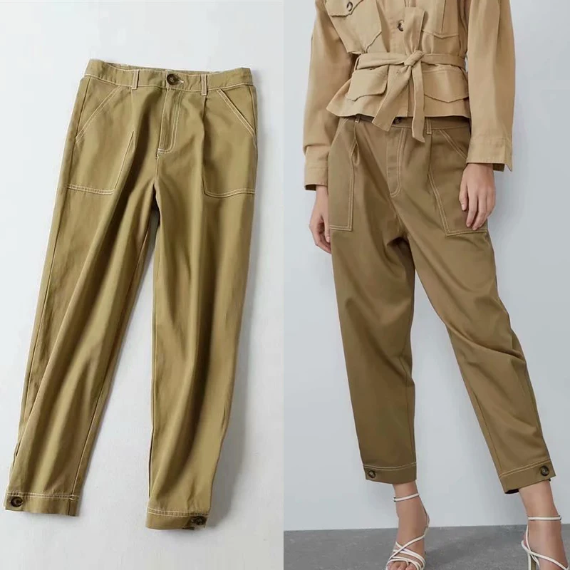 

ZA Women's Casual Trousers 2021 Spring Streetwear Ankle-Length Pants For Women High Waist Ladies Pants Vintage