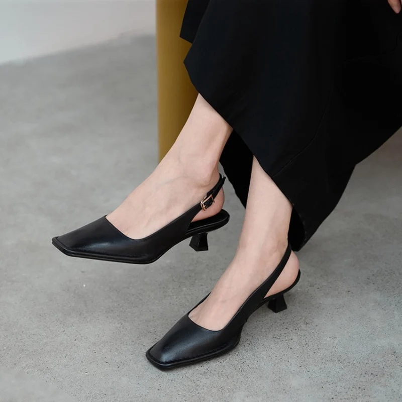 

ZALAVOR New Design Women High Heel Sandals Real Leather Square Toe Summer Women Fashion Sexy Shoes Women Footwear Size 34-39