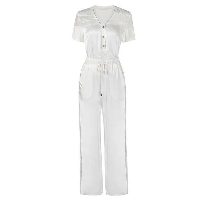 

Women elegant hollow out lace patchwork satin two piece outfits summer 2021 short sleeve top and long pants suit tracksuit