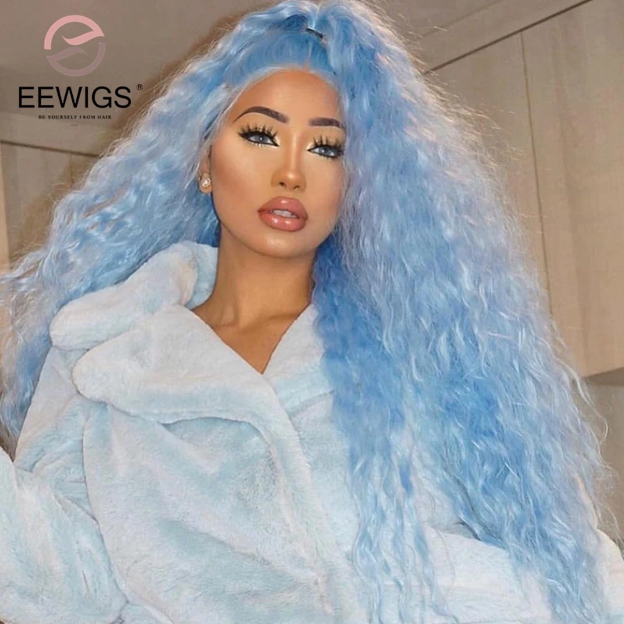 EEWIGS светильник, синие синтетические парики на кружеве с естественными пучками волос, термостойкие свободные волнистые парики для женщин, вечерние парики