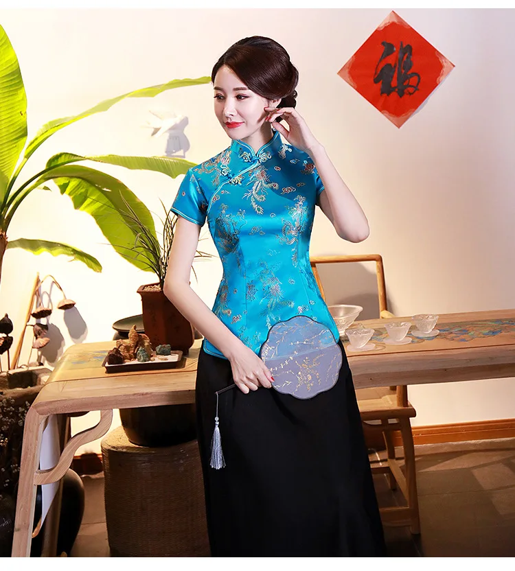 

Spring Summer New Women Short Sleeve Blouse Ladies Dragon Phoenix Shirt Mandarin Collar Chinese Traditional Clothing Plus Size