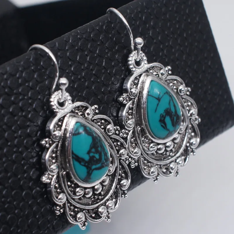 

Women's S925 Vintage Thai Silver Water Drop Turquoise Earrings Gift Jewelry Wholesale