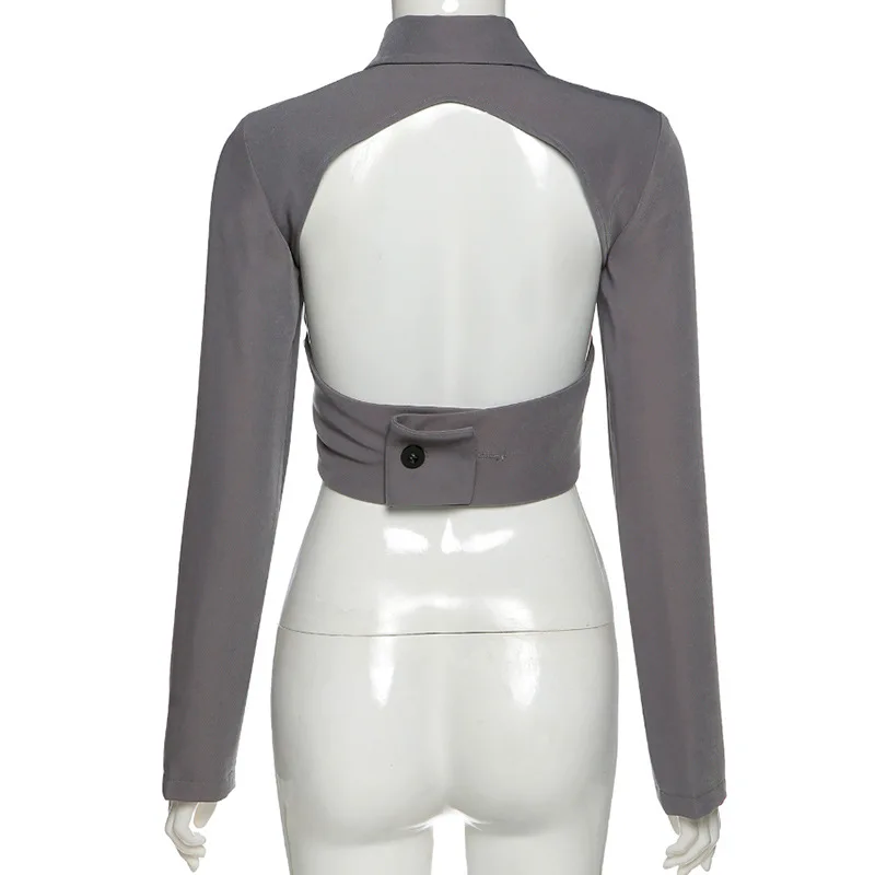 

women casual hollow out backless coat button Long sleeve jacket fashion turndown collar suit outwear office lady Autumn 2020 New