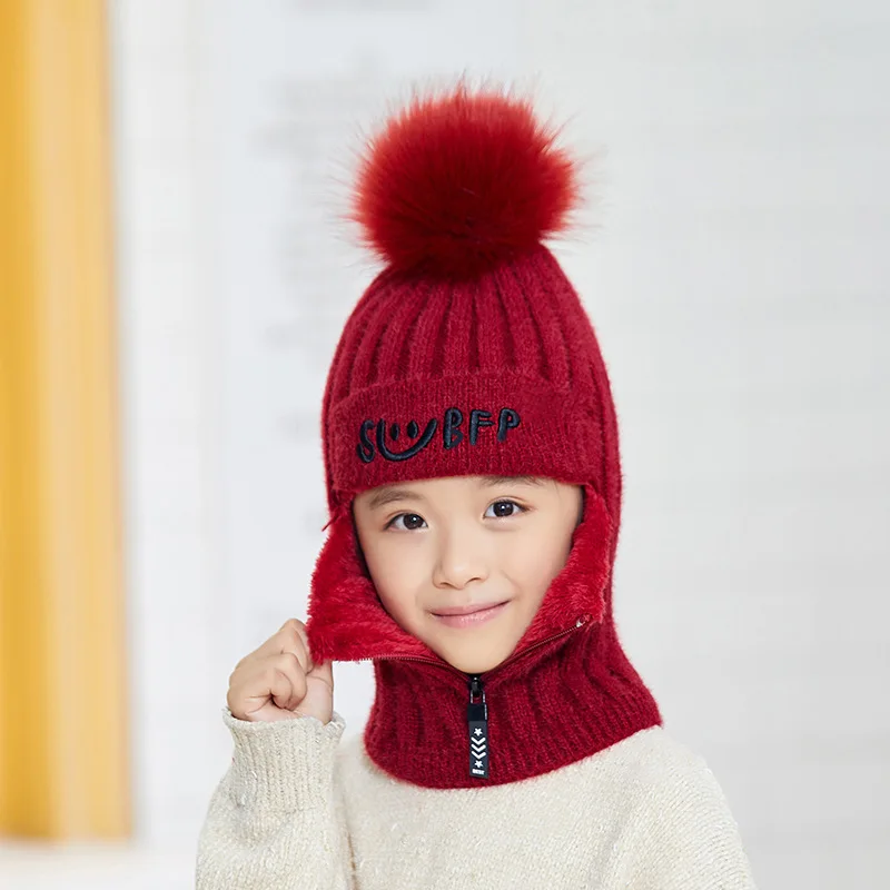 child wine red Комплект из 2 предметов, вязаная шапка и шарф, шапка с помпоном и помпоном, Женская Толстая шапка, зимняя теплая Милая модная шапка на молнии с надписью для девочек - Цвет: child wine red