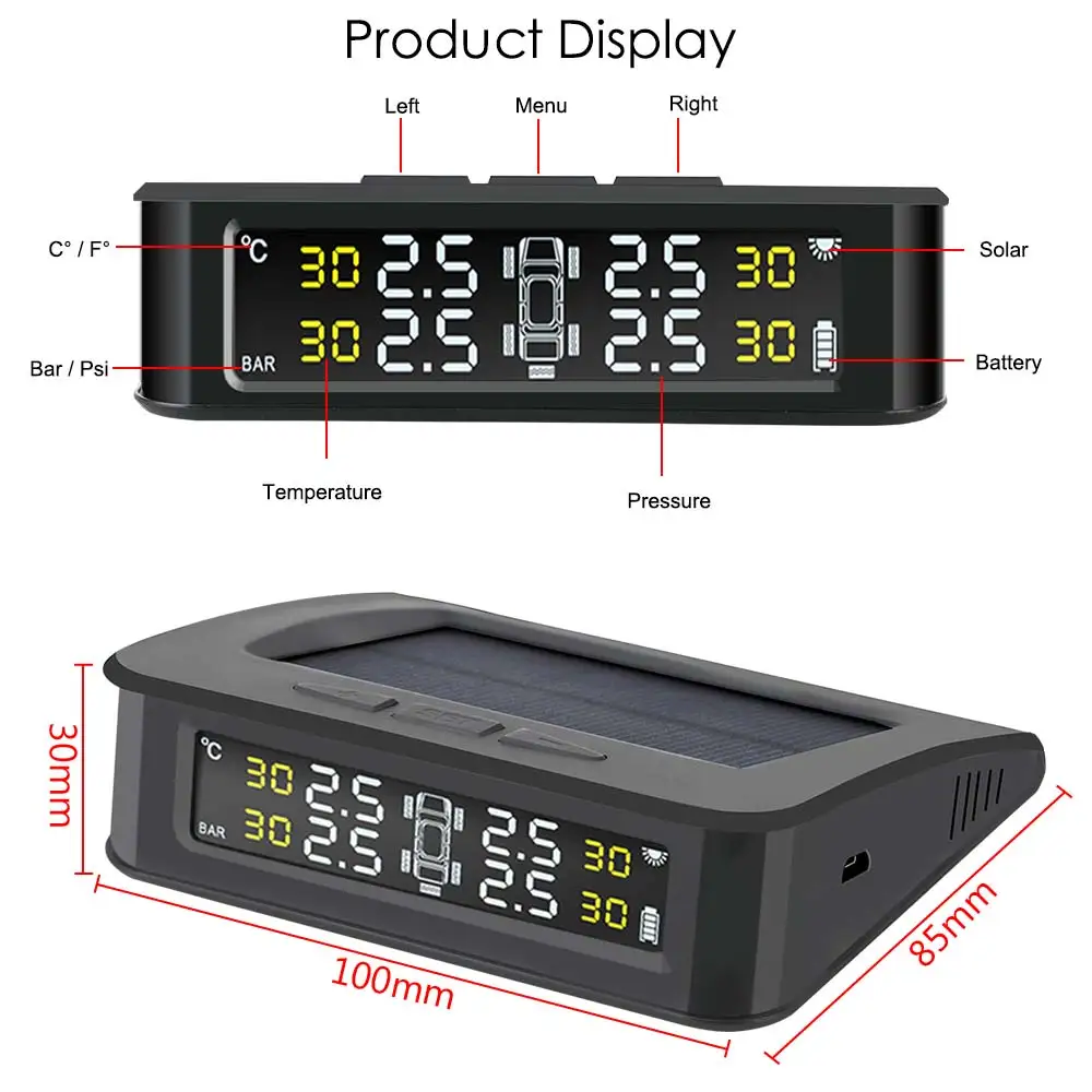 

Solar Charge TPMS 5 Tire External Sensors LCD Display Pressure Control Warning Waterproof Car Tire Pressure Alarm Monitor System