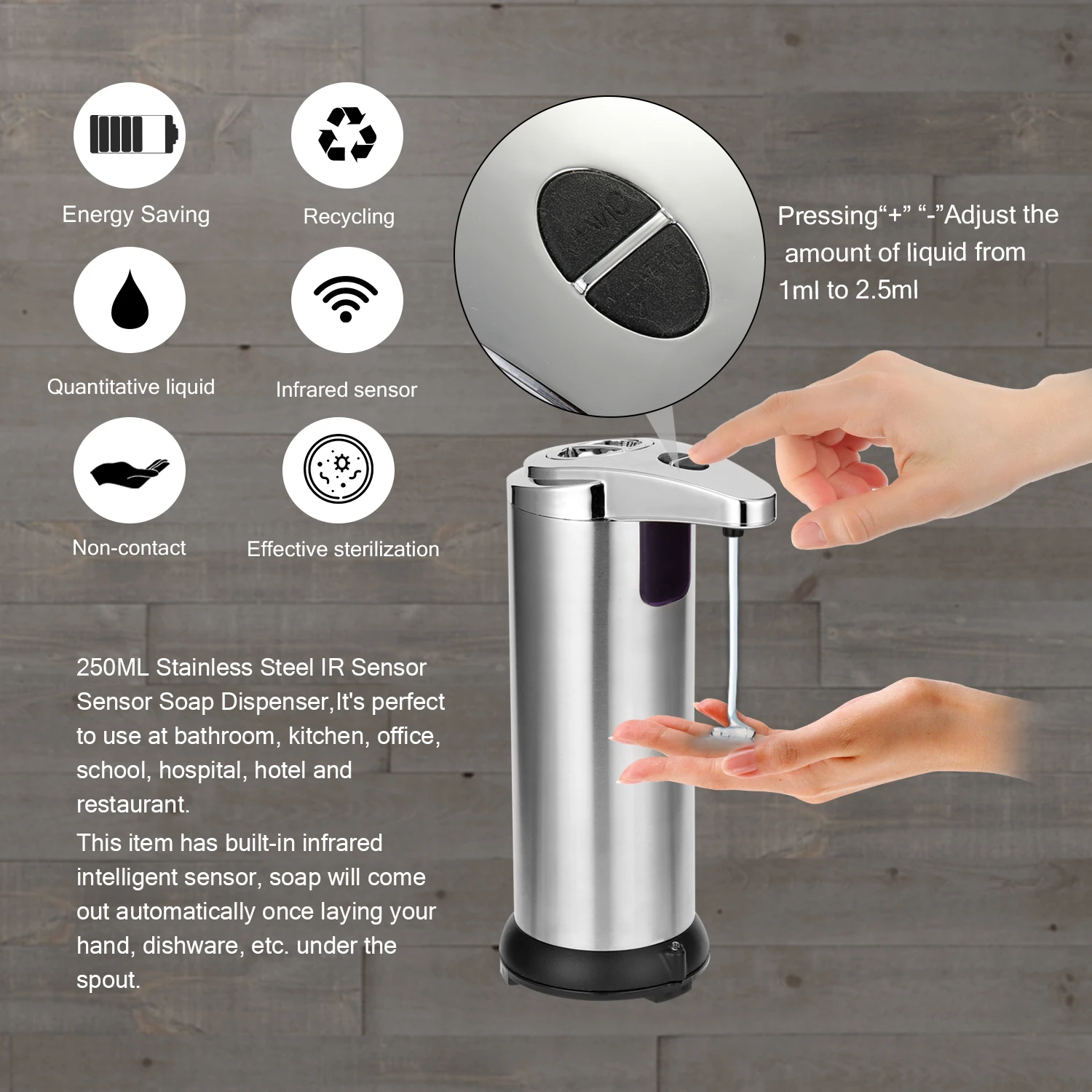 

250ml Stainless Steel Automatic Soap Dispenser Infrared Sensor Soap Dispenser Touchless Sanitizer Dispenser For Bathroom Kitchen