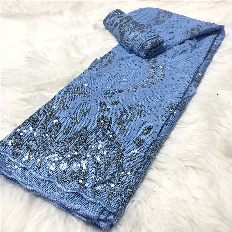 

Latest Teal African French Lace Fabric High Quality Guipure Lace Chemical Lace Fabric with Sequins wax For Wedding 4L041901