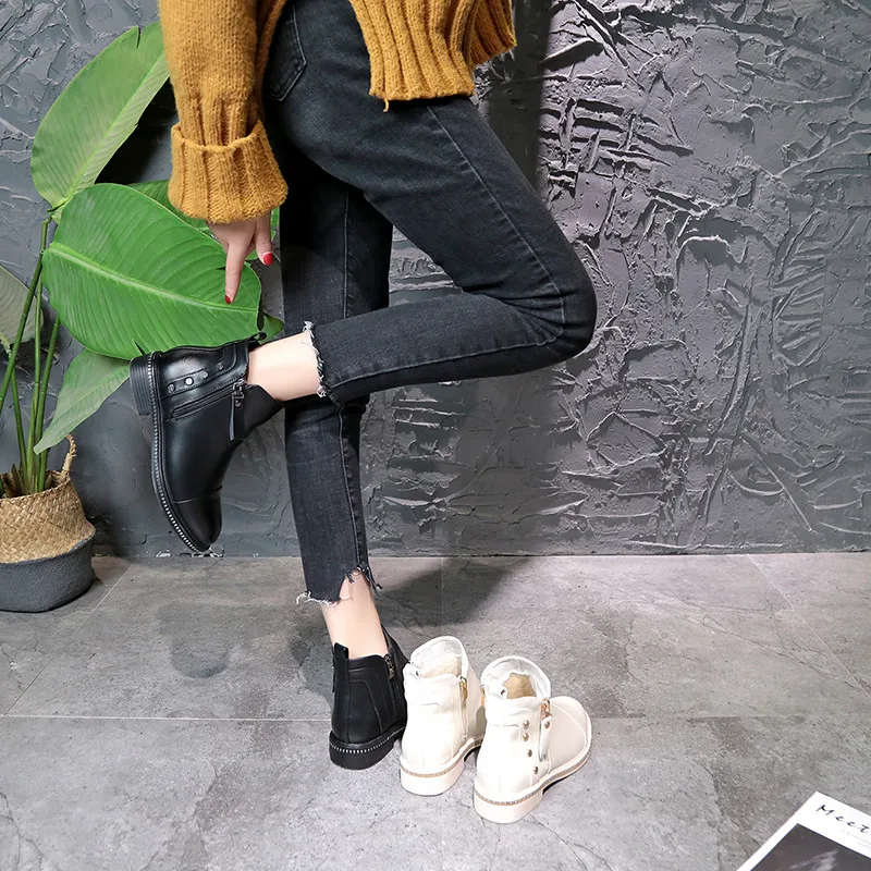 Женские ботильоны без шнуровки черные теплые меховые ботинки с высоким берцем