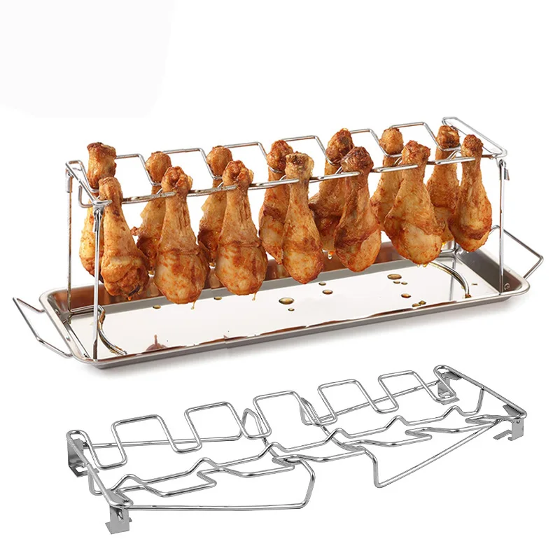 

BBQ Beef Chicken Leg Wing Grill Rack 14 Slots Smoker Oven Roaster Stand with Drip Pan Stainless Steel Barbecue Drumsticks Holder