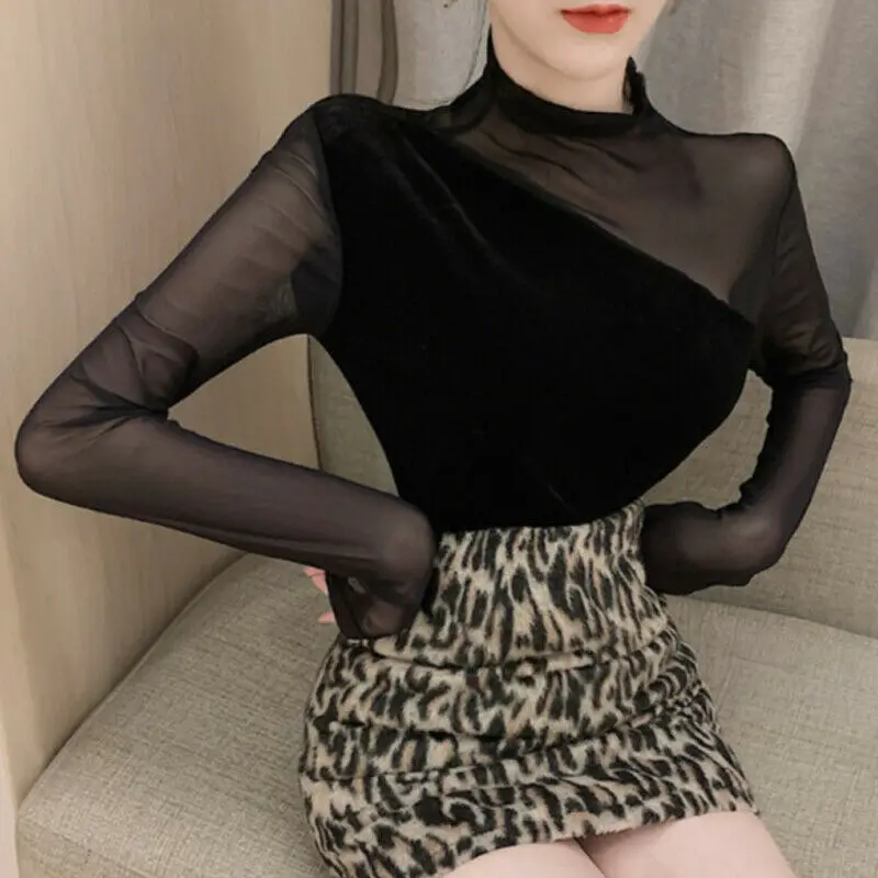 Модная женская сексуальная рубашка с длинным рукавом сетчатые тонкие топы