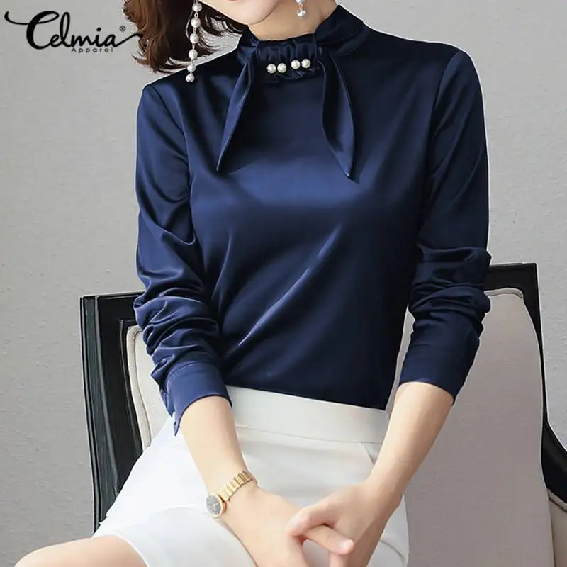 

Celmia 2021 Oversized Women Tops and Blouses Autumn Long Sleeve Slik Satin Shirts Bow Collar Pearl Stylish Top Blusas Femininas