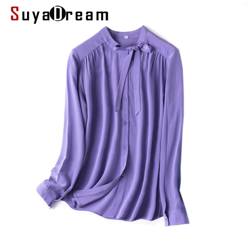

SuyaDream Woman 100%Silk Crepe Long Sleeves Bow Collar Solid Chic Blouse Shirt 2021 Spring Autumn Purple Office Shirt
