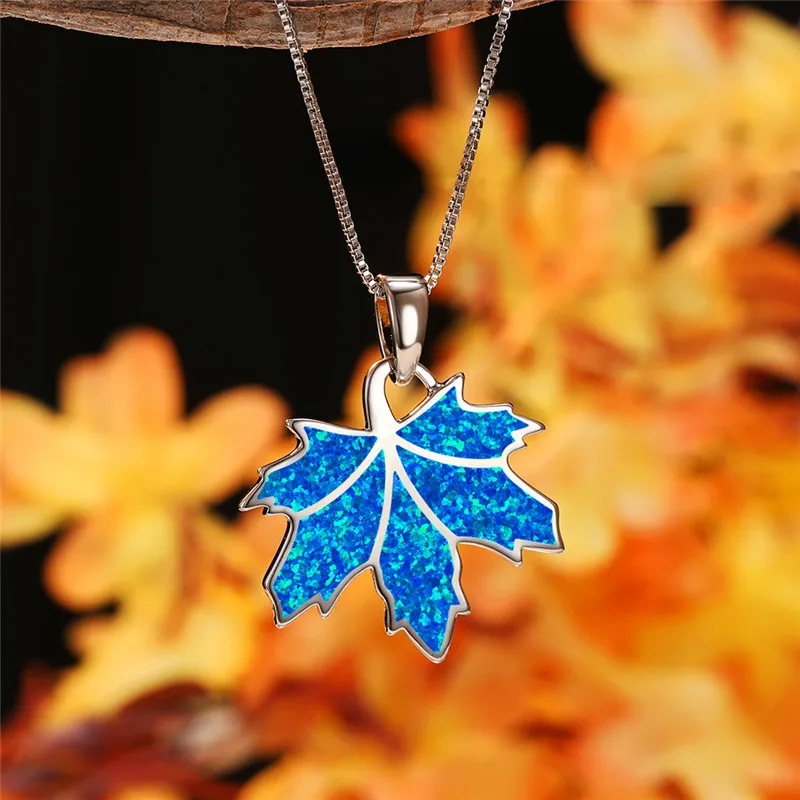 

Women Blue White Imitation Opal Pendant Necklace Dainty Silver Color Chain Necklace For Women Vintage Maple Leaf Wedding Jewelry