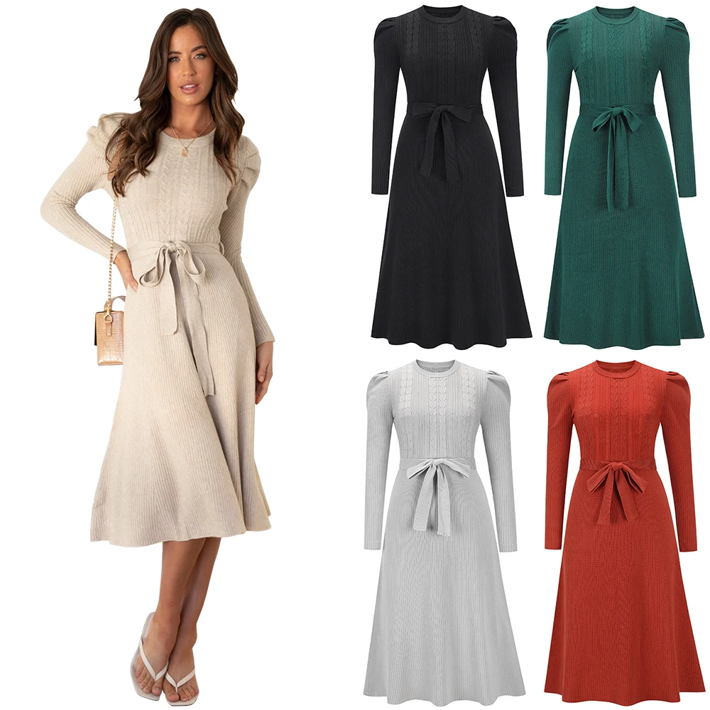 

2022 New Women Sheath Sweater Dress Solid Long Mid-calf Red Black Autumn Spring Full Sleeve Pullover O-Neck Clothes