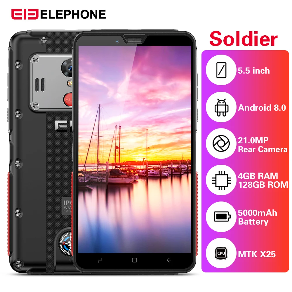 Elephone Soldier 4G смартфон 5 &quotAndroid 8 0 MTK X25 4 Гб ОЗУ 128 ПЗУ 21 Мп задняя камера IP68