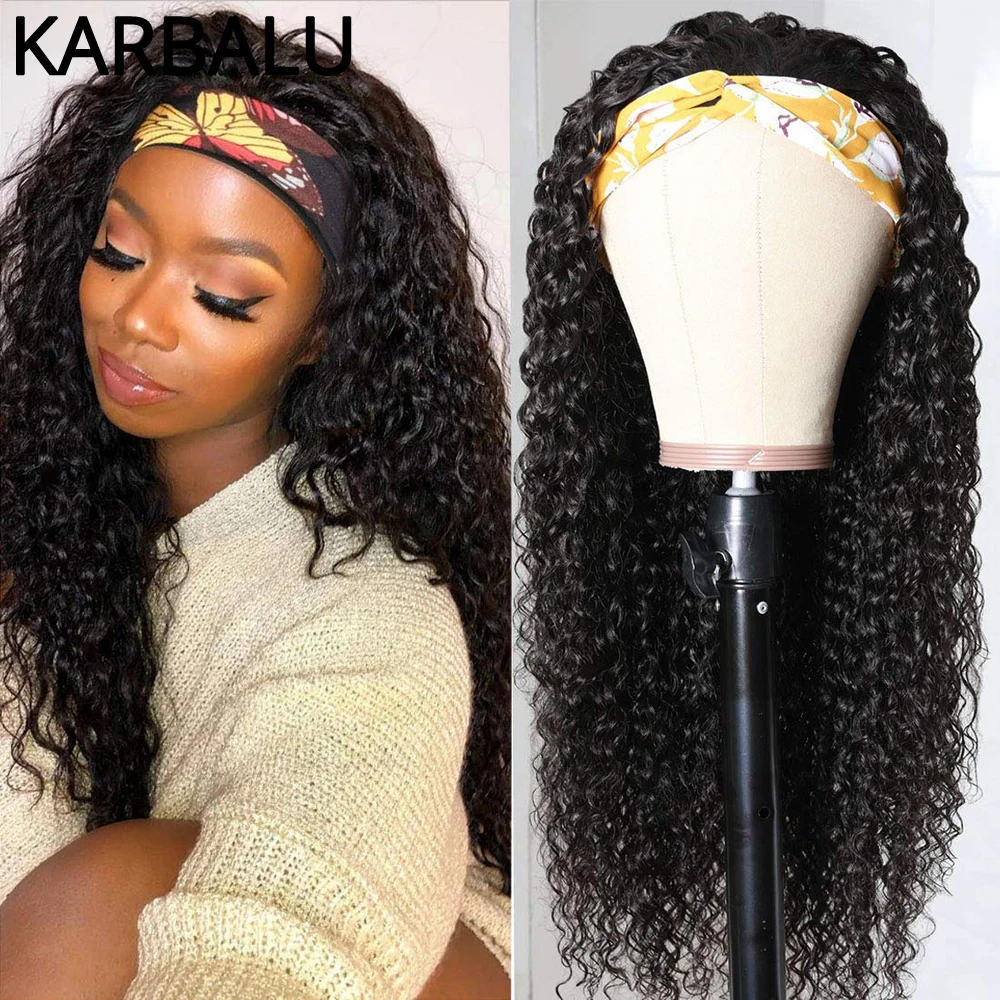 karbalu Headband Scarf Wig  Human Hair Wigs Water Wave Glueless Full Machine Made Brazilian Remy Hair For Black Women Natural enlarge