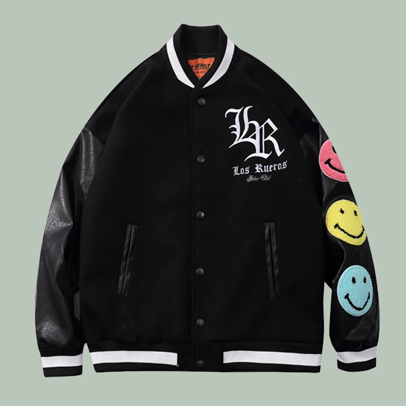 

Embroidered Smiley Patchwork Hip-hop Baseball Jacket Harajuku Streetwear Couple Oversize Campus Colorblock Bomber Unisex Jackets