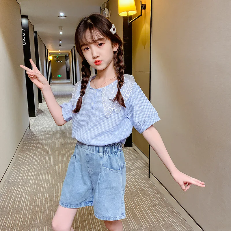 Girls Clothing Sets Summer Fashion Gauze Collar Short Sleeve Tops + Denim Shorts Kids Clothes Suit Children 3-13 Year Outfits