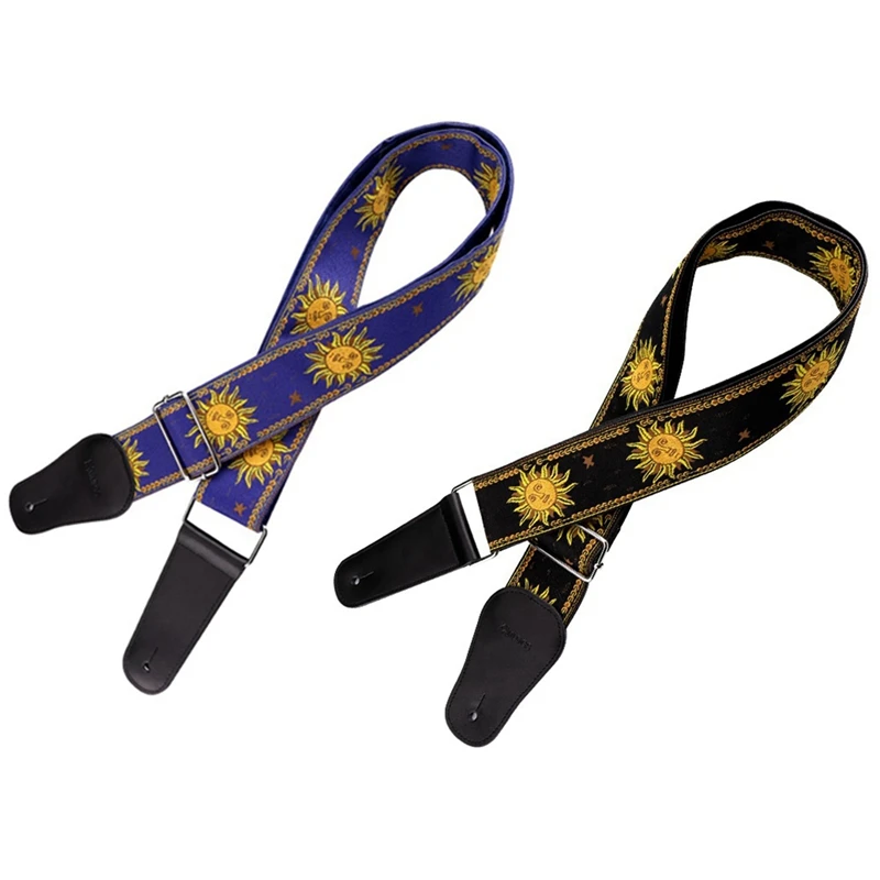

2X Hot Guitar Strap Electric Guitar Strap Bass Strap Belt With Embroidery For Guitar Blue & Black