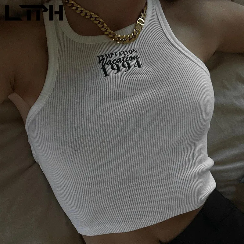 

LTPH vintage stretch slim women tanks white crop top letter embroidery short sleeveless camisole Streetwear 2021 summer new