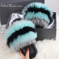 fox fur slippers real fur raccon fur sandals furry 2021 new hot sale multicoloured slides female indoor flip flop for young lady