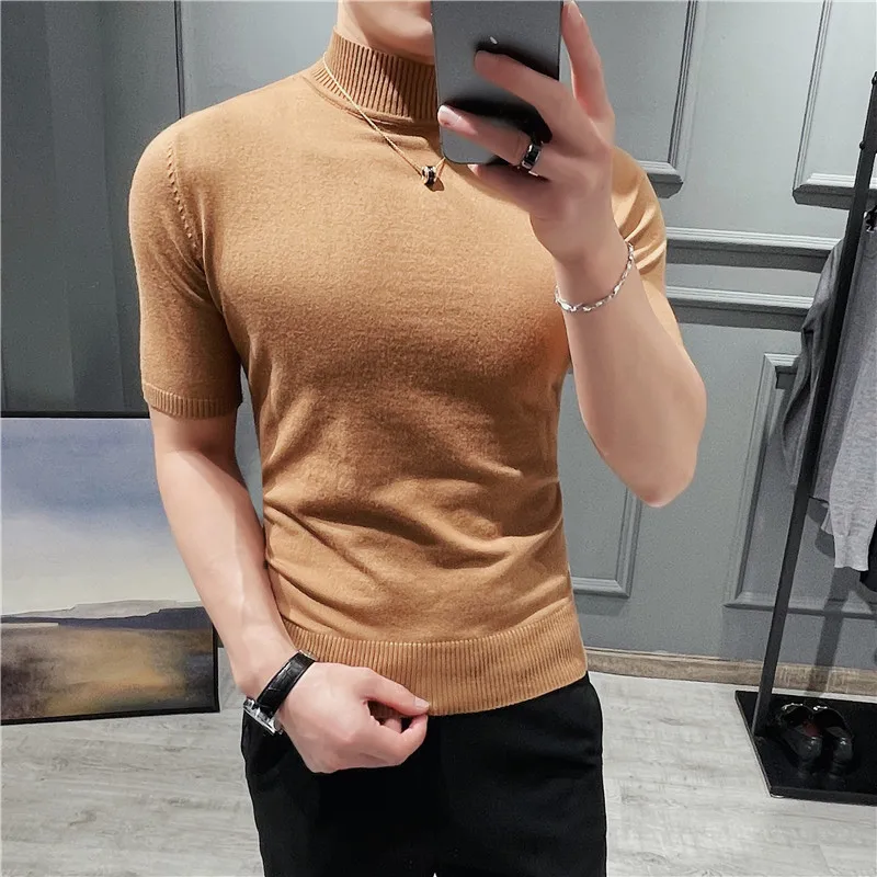 New Brand Clothing Men Autumn High Quality Short-Sleeved Sweaters/Male Slim Fit High Collar Slim Fit Casual Knit Shirt S-3XL