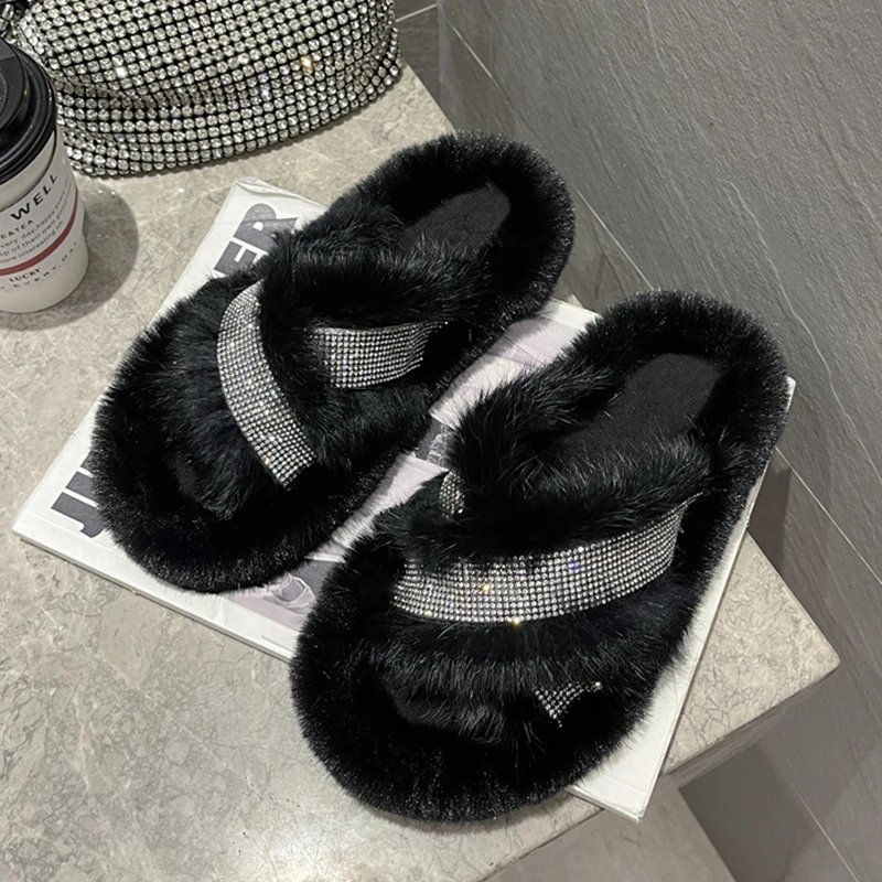

New Furry Slippers Flip Flops Shoes Spring Autumn Women Flats Flip Flops Slides Female Home Cotton Shoes Ladies Fur Slippers
