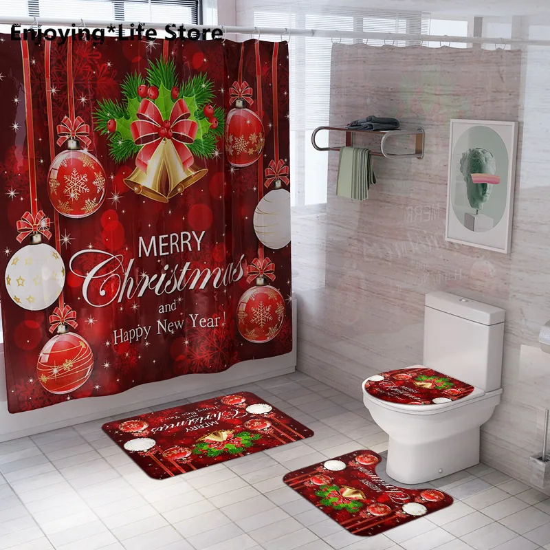 

Christmas Shower Curtain Toilet Mat Four-piece Non-slip Bathroom Mat Absorbent Pad Bathroom Mat Set