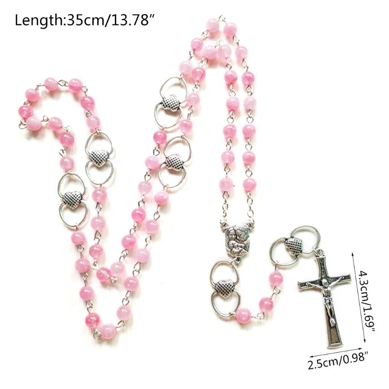 

Rosary Bead Long Necklace Alloy Chain with Cross Catholic Jewelry Prayer Pendant Party Gift for Women