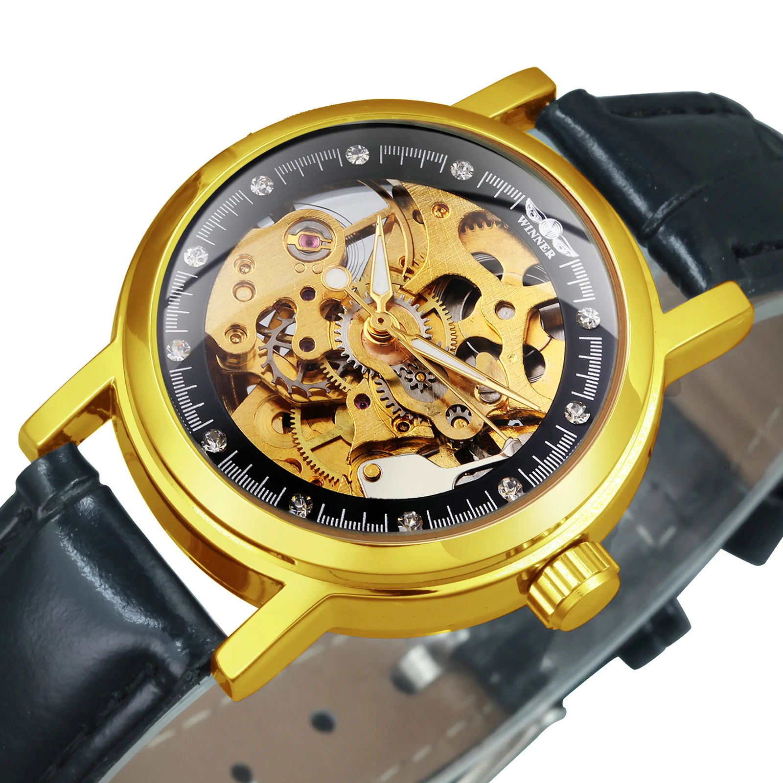 

WINNER 2021 Fashion Vintage Golden Skeleton Auto Mechanical Women Watches Leather Strap Rhinestone Elegant Ladies Wrist Watches
