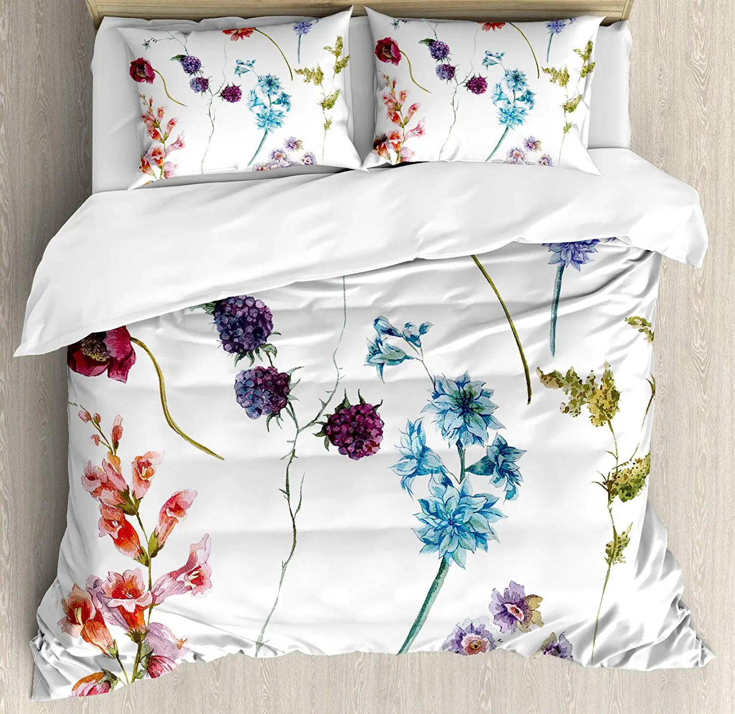 

Watercolor Flower Duvet Cover Set Colorful Watercolor Wildflowers and Sprigs Flowers Botanical Garden Theme Decorative 3 Piece