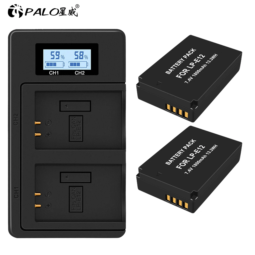 1 Charger 2 Battery PALO 3 шт. 7,4 В 1800 мАч LP-E12 LP E12 LPE12 батарея для камеры+ ЖК USB двойное зарядное устройство для Canon EOS M50 M10 M100 100D Kiss X7 Rebel SL1 - Цвет: 1 Charger 2 Battery