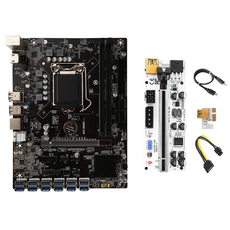 

B250C BTC Miner Motherboard+VER010 Riser Card 12XPCIE to USB3.0 GPU Slot LGA1151 Support DDR4 RAM Desktop Motherboard