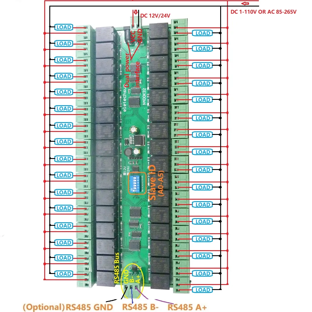 32ch 03 06 16 MODBUS RTU DC 12В 24В RS485 SPDT релейная плата 485 шина переключатель дистанционного