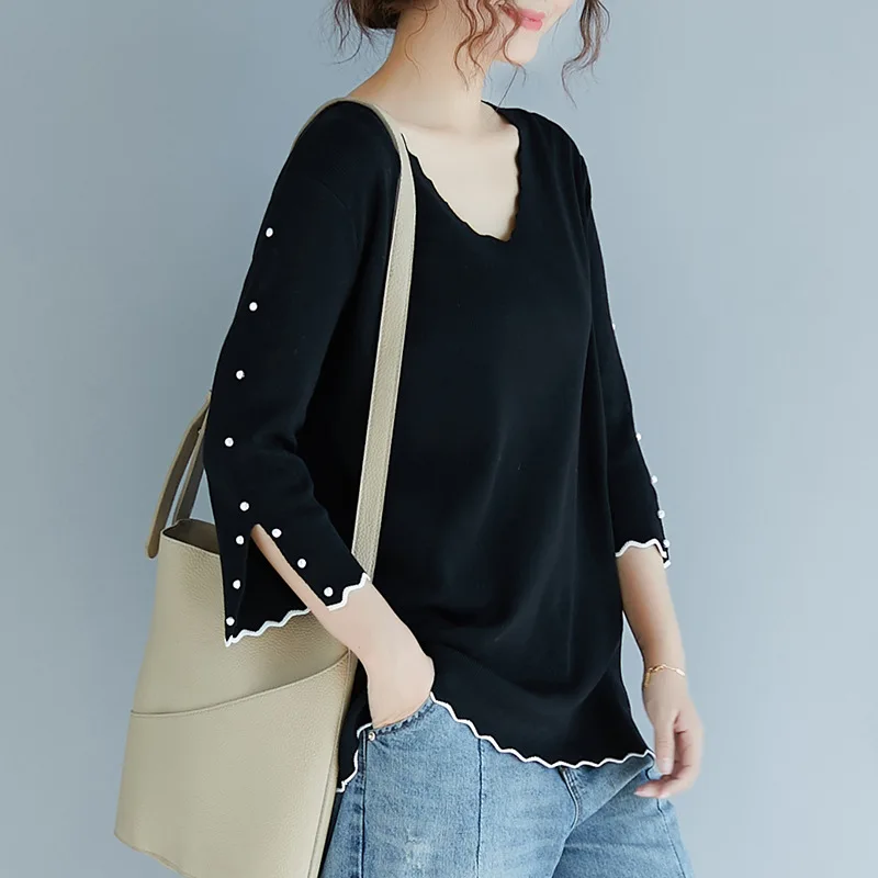 

Autumn Thin Beading Three Quarter Sleeve Casual Sweater Women Tops Ripple V-neck Elegant Knitted Pullover Outerwear TA05224
