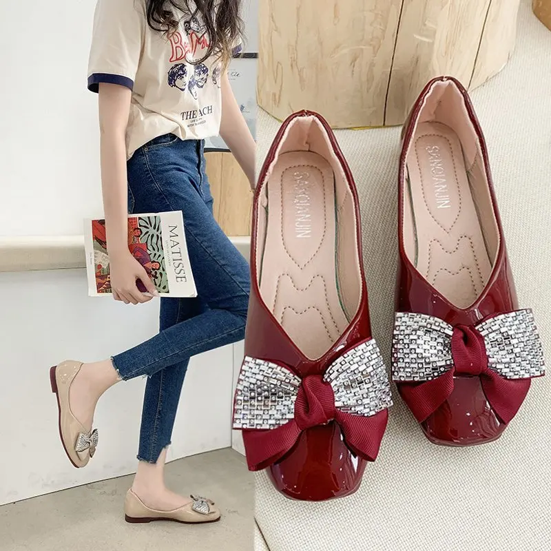 

2021 New Designer Spring Autumn Solid Women Flats Shoes Slip on Leather Crystal Butterfly Knot Vulcanize Shoes