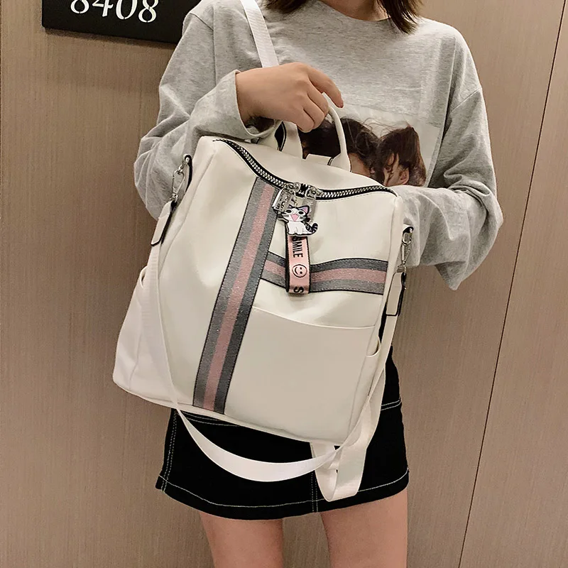 Bags for Women's2019 Daypacks Striped Casual Backpacks High Quality Leather Backpack Fashion Cute Pendant Girls Black School Bag | Багаж и
