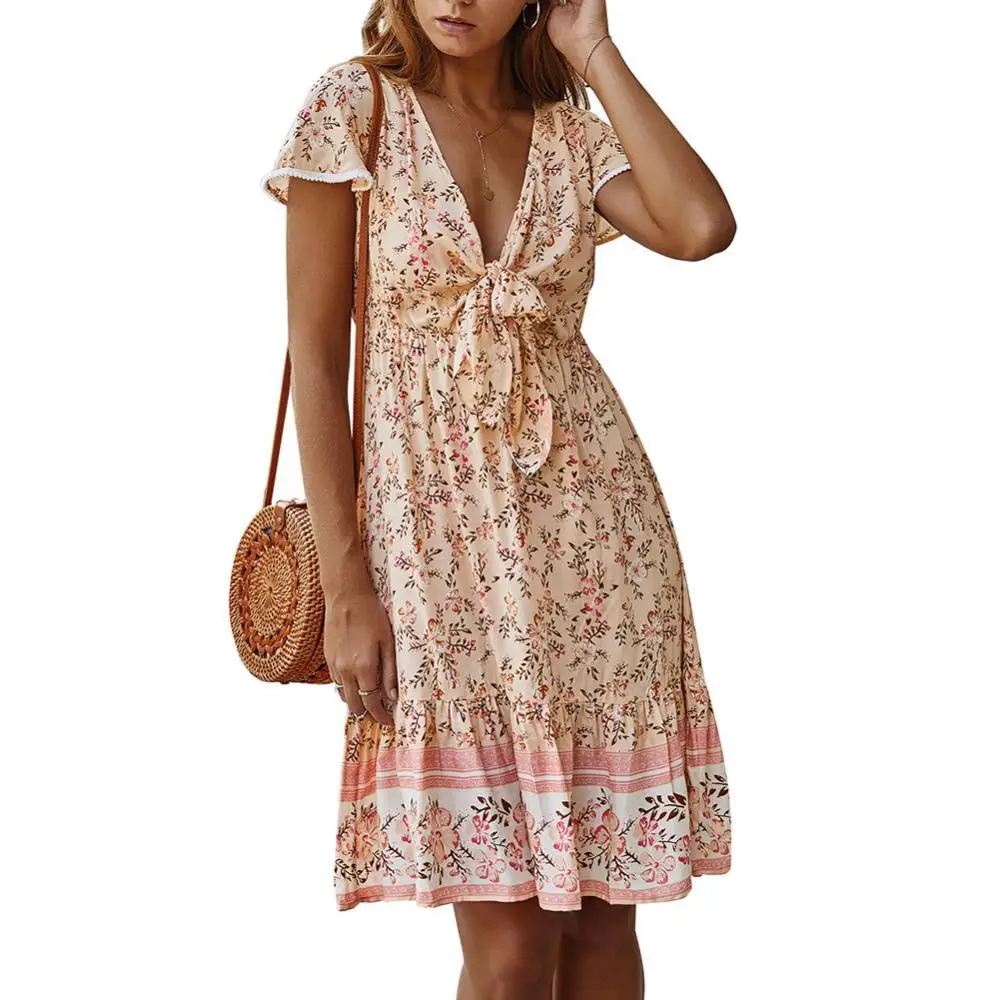 

Лидер продаж 70%, женское праздничное платье в стиле бохо с коротким рукавом и глубоким V-образным вырезом, Бандажное Платье До Колена с цвето...