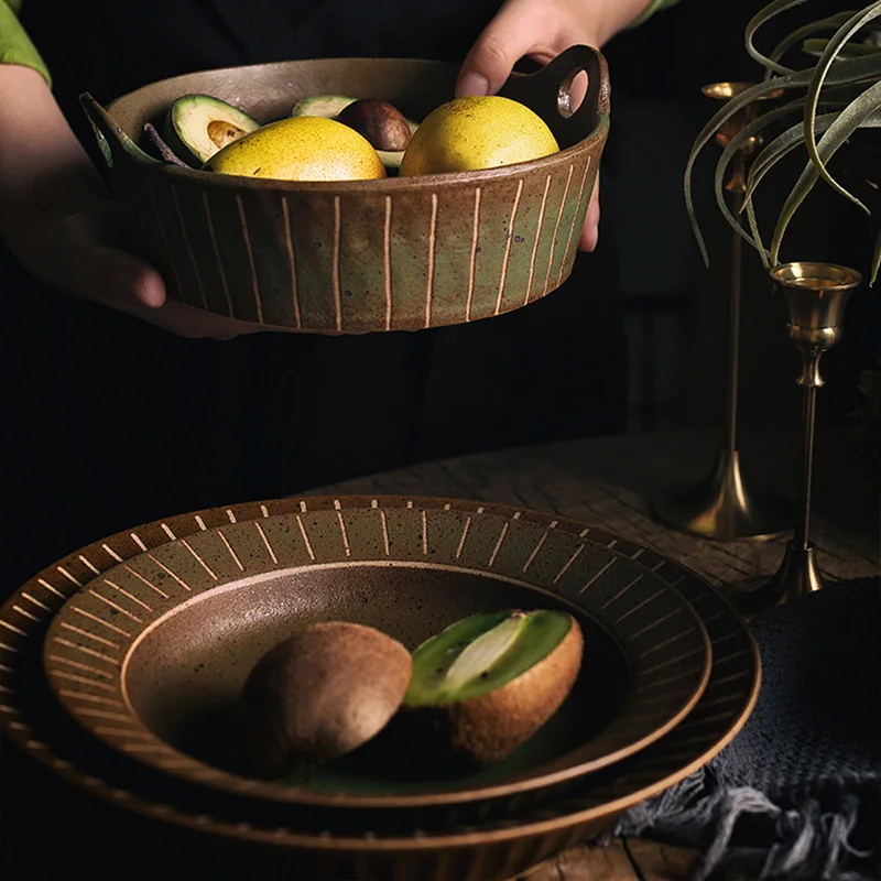 

Темно-зеленая керамическая посуда Mori, винтажная посуда в японском стиле, Литературная Ретро обеденная тарелка, тарелка для фруктов, Набор чашек, креативная керамика