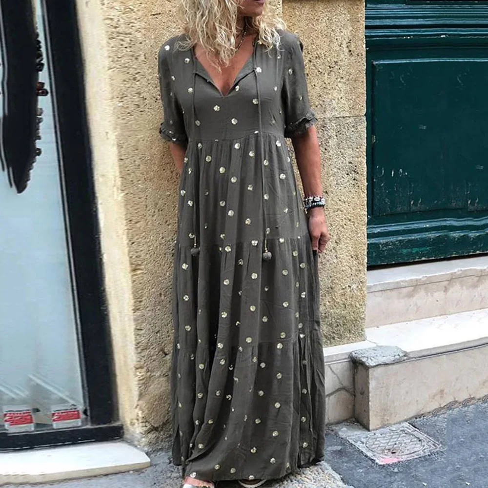 Женское длинное платье в зеленый горошек на шнуровке размера плюс вечерние