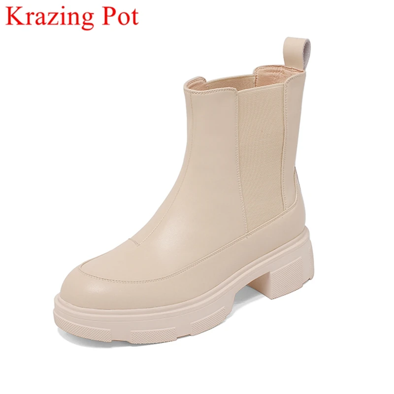 

Krazing Pot comfortable cow leather med heels casual boots fashion winter shoes platform patch work office lady ankle boots