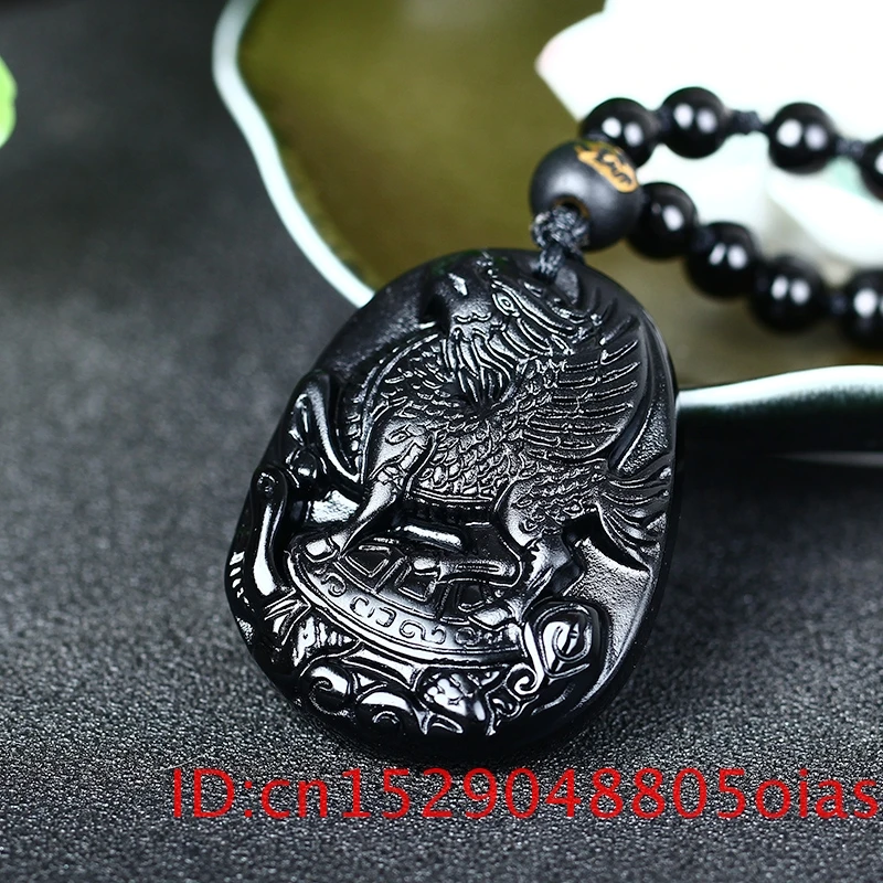 Натуральный черный обсидиан бусы ожерелье ручной работы ДРАКОН лошадь нефрит