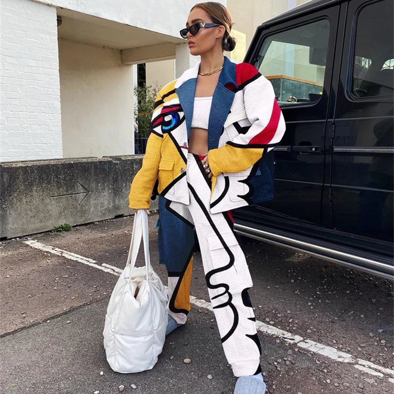 

Dashiki African Tracksuit Women Two Piece Set Autumn Winter Clothes Button Up Coat Top and Pants Suit Casual Women's Sets Outfit