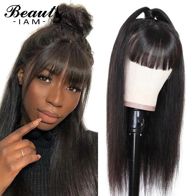 

Черные прямые передние парики из человеческих волос на сетке с челкой для женщин безклеевые отбеленные натуральные парики с узлом предвари...