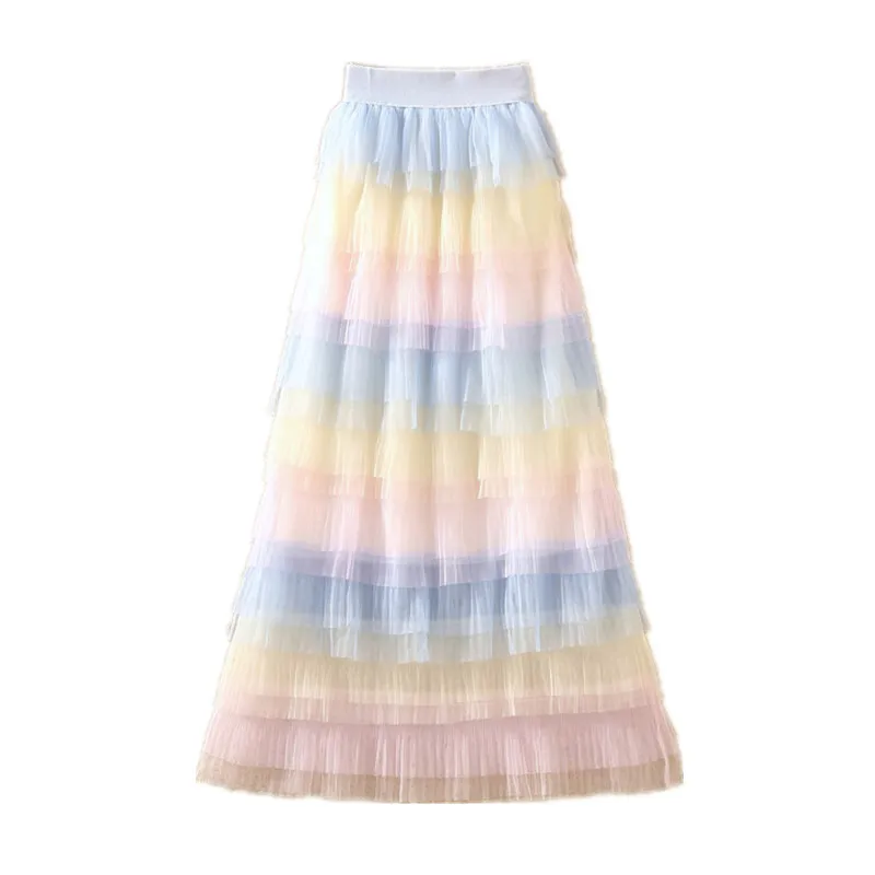 

of new fund of 2019 autumn and winter show thin color cake skirt of tall waist pleated white gauze skirts veil
