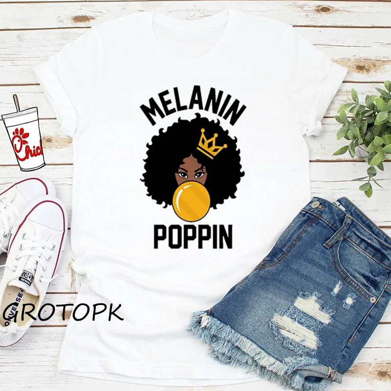 Melanin Poppin T-shirt Black Girl Harajuku Ulzzang T-Shirt Female Magic Korean Style Top Tee Shirts Woman Clothes | Женская одежда