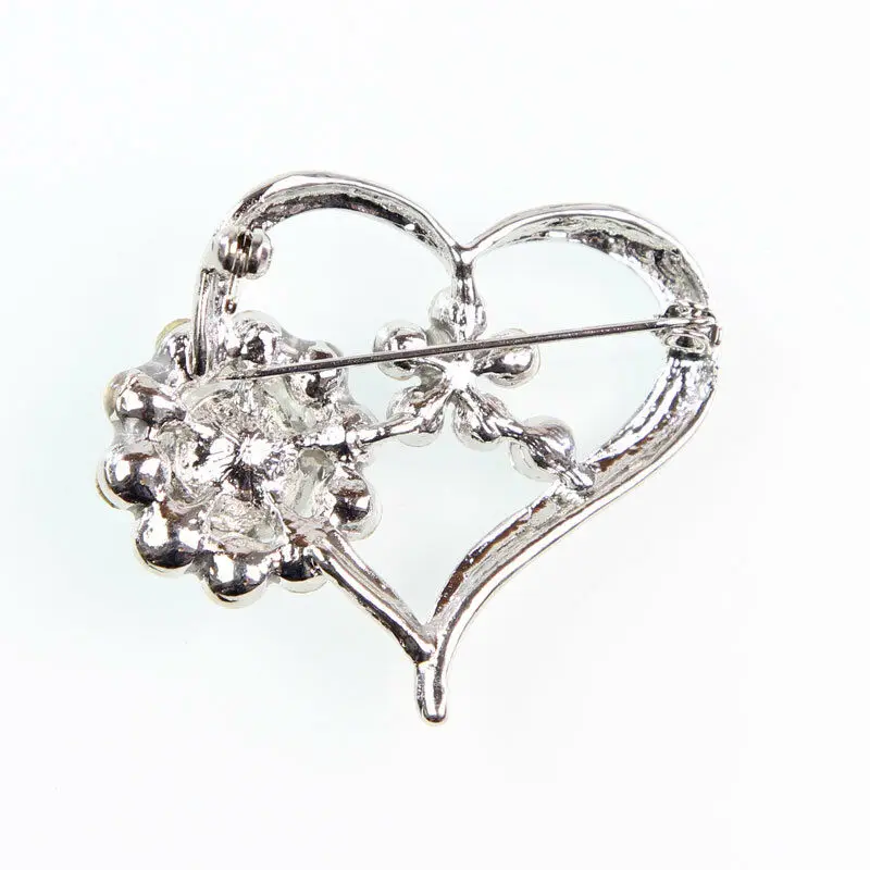Heart Wedding Party Bouquet Broach Pin Diamante Clear Crystal Rhinestone Brooch |